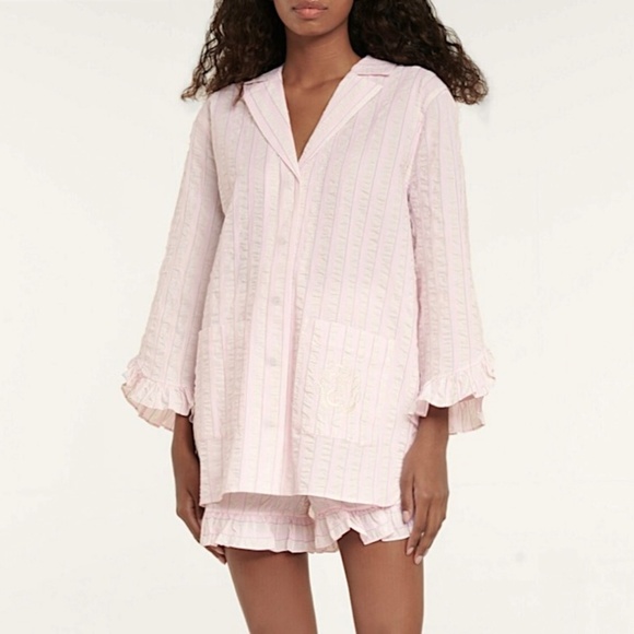 GANNI Striped Seersucker Tunic Shirt Ruffle Sleeve Pastel Pink & Ivory Loose Fit - Picture 1 of 14